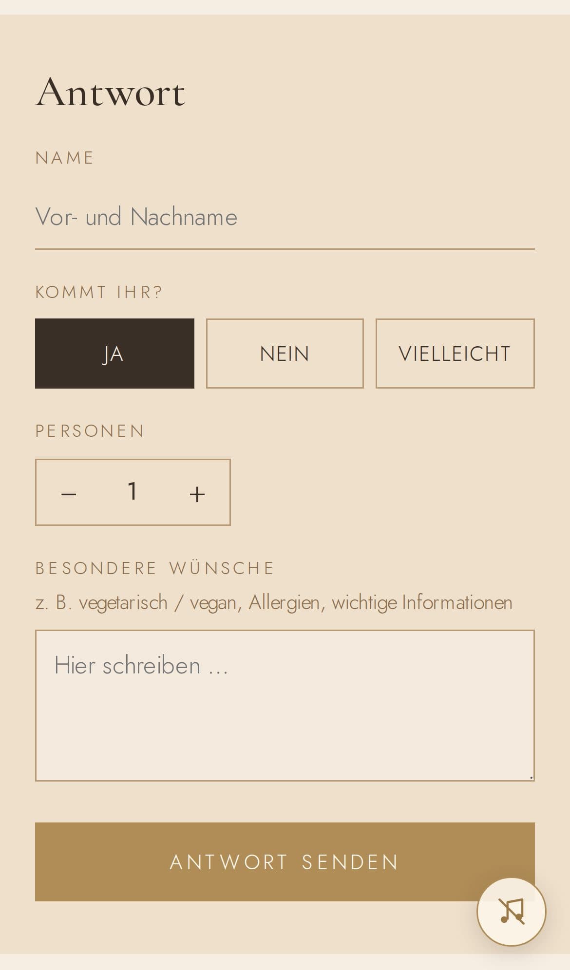 Das Antwortformular mit Name, Ja, Nein, Vielleicht und einem Feld für Wünsche